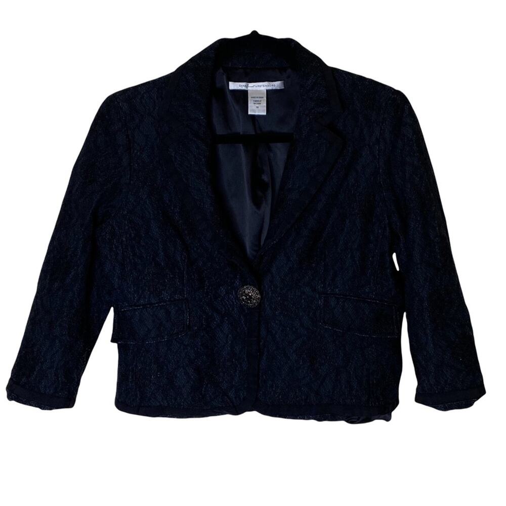 Diane Von Furstenberg Ursette Lace Blazer One Button Jacket Coat Blue Black 14